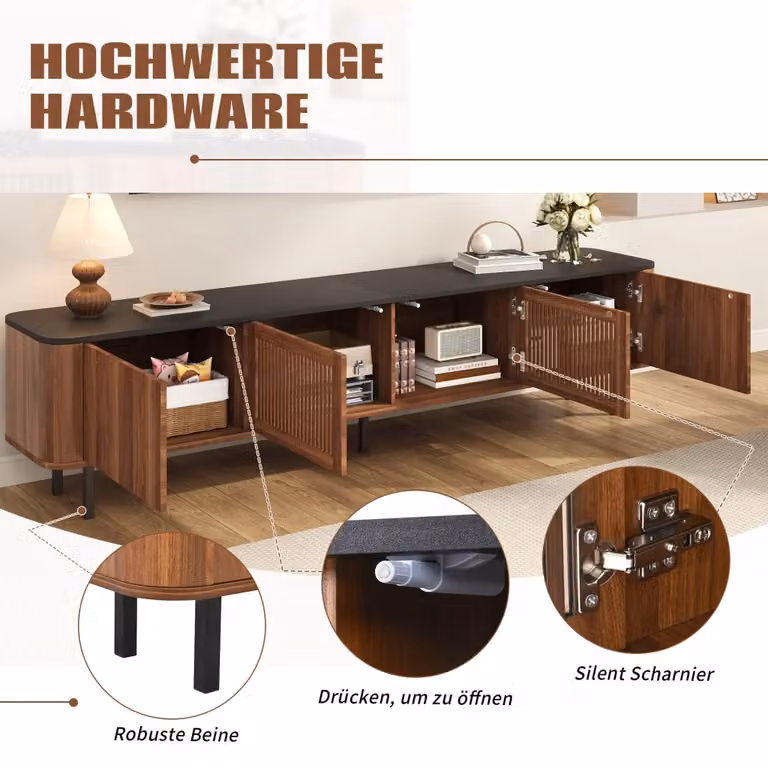 Mobile TV moderno WISHDOR per soggiorno in legno e metallo, colore marrone e nero, L: 190 cm, P: 35 cm, H: 45 cm