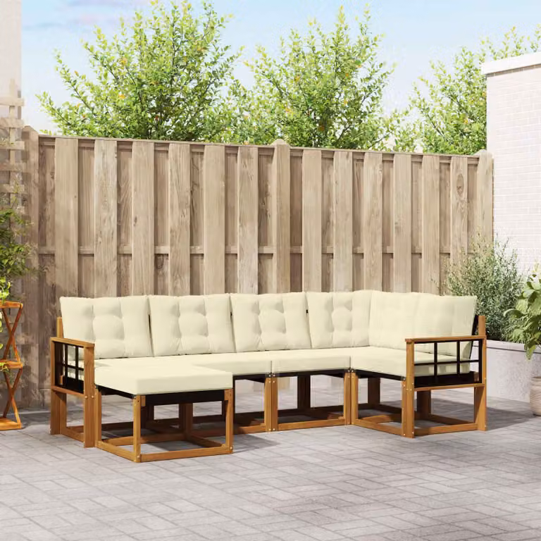 Set di divani da esterno vidaXL a forma di L composto da 6 pezzi in legno di acacia con sedute in textilene e cuscini inclusi, colori beige, bianco e marrone