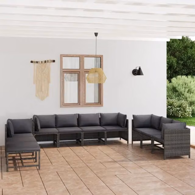 Set Divani da Giardino 10 pz con Cuscini in Polyrattan Grigio 3059774