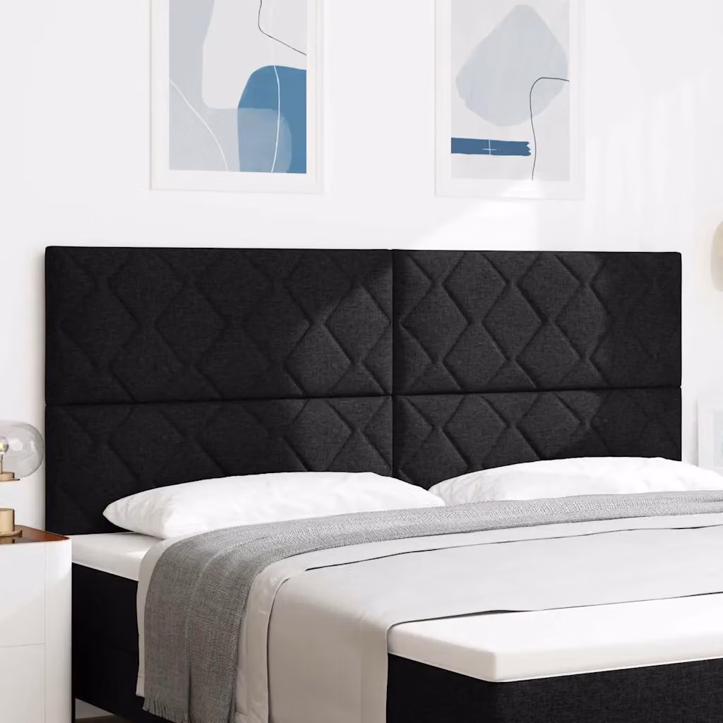 Testiera per letto moderna vidaXL in tessuto nero e legno con design geometrico L: 128 cm, H: 70 cm, P: 11 cm