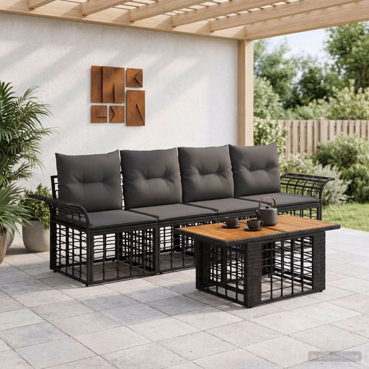 Set Divano da Giardino vidaXL 5 Pezzi in Polyrattan Nero e Grigio con Cuscini e Tavolino