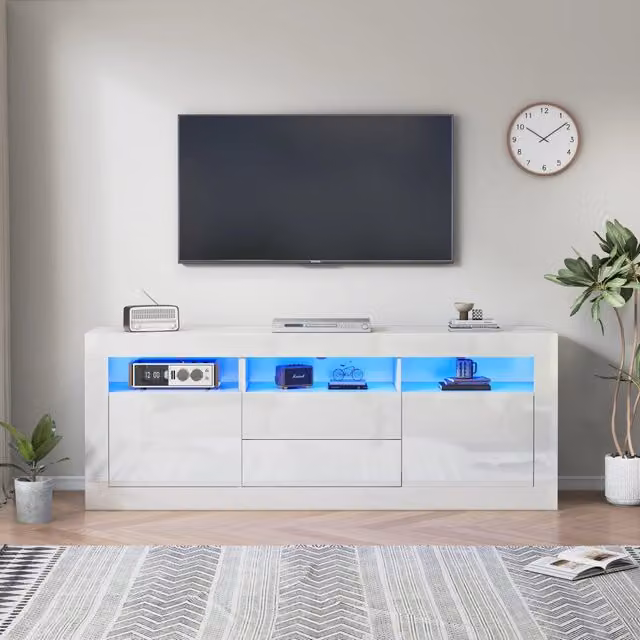 Mobile porta TV Vovees Living bianco lucido con illuminazione LED integrata, 3 vani e 2 cassetti, per TV fino a 70 pollici, L: 160 cm, P: 35 cm, H: 60 cm