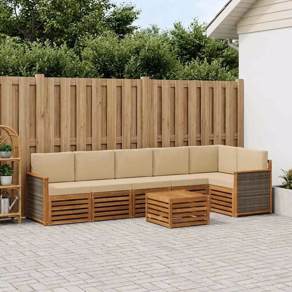 Set di divani da esterno vidaXL in legno di acacia con tavolo da caffè e cuscini, 6 pezzi, beige