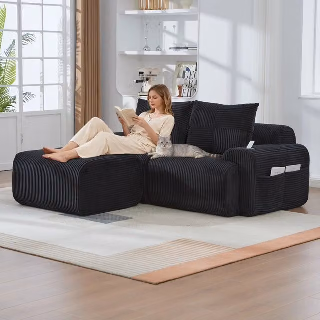 Divano modulare 2 posti con pouf, portabicchieri e tasca laterale in tessuto corduroy nero 200 × 174 × 80 cm