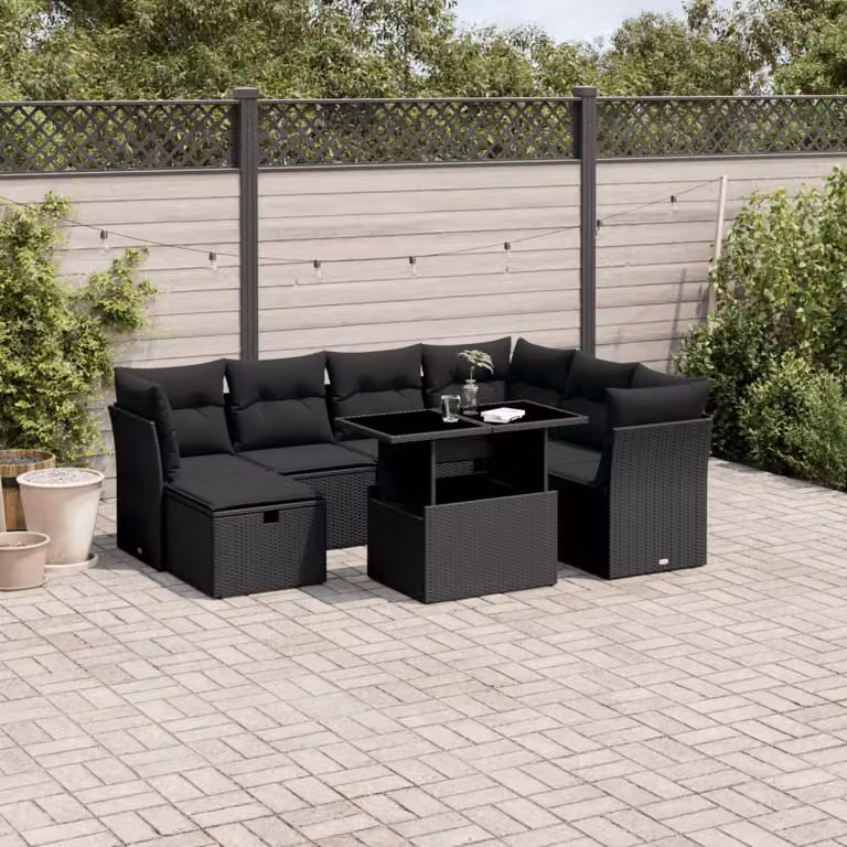 vidaXL Set Divani da Giardino a L con Cuscini 8 pz Nero in Polyrattan e Struttura in Metallo