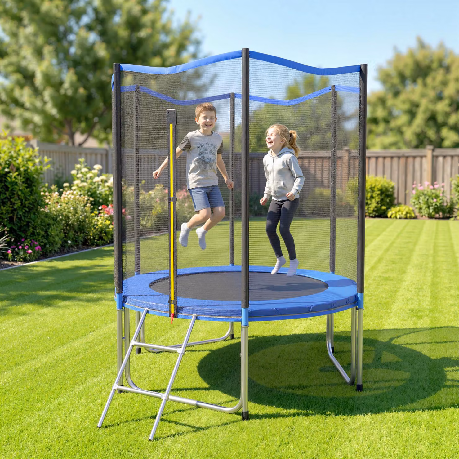 Trampolino da Giardino SPORTNOW con Rete di Protezione e Scala, Blu, in Acciaio Zincato, Diametro: 183 cm – 2