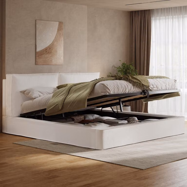 Letto imbottito STILVORA 180 x 200 cm con materasso, struttura letto con funzione idraulica e testiera, testiera imbottita, letto matrimoniale con rete a doghe, beige, bouclé