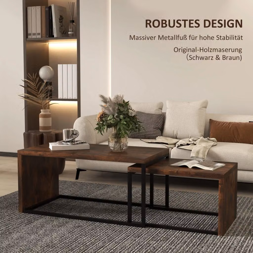 Set di 2 tavolini da salotto WISHDOR in stile industriale con piano in MDF laminato e struttura in metallo, colore marrone e nero – 2