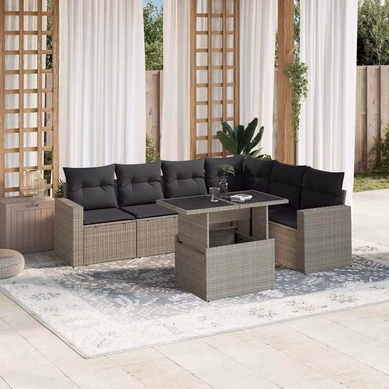 Set Divani da Giardino vidaXL 7 Pezzi a Forma di L con Tavolino in Vetro e Cuscini Antracite