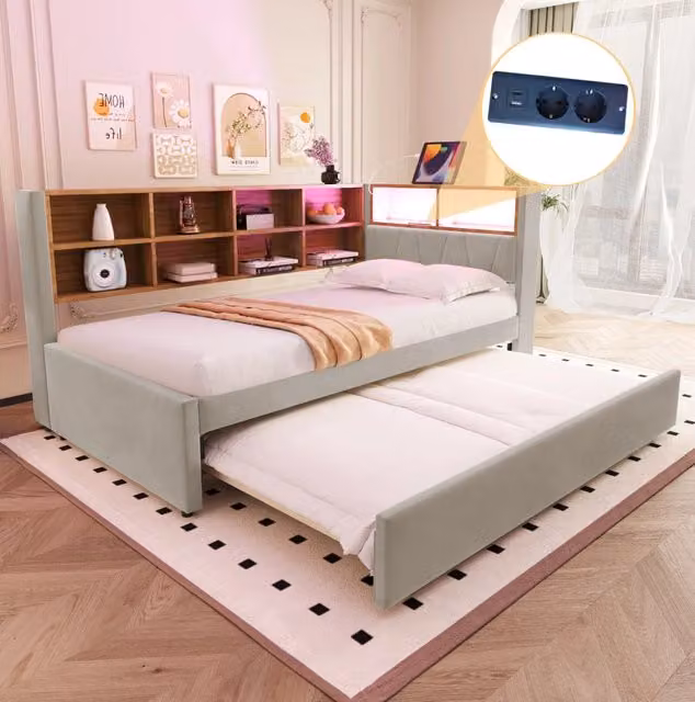 Divano letto multifunzionale 90x200 cm con letto estraibile 90x190 cm, LED integrati, prese multiple e ampi scomparti, rivestimento in flanella grigio chiaro