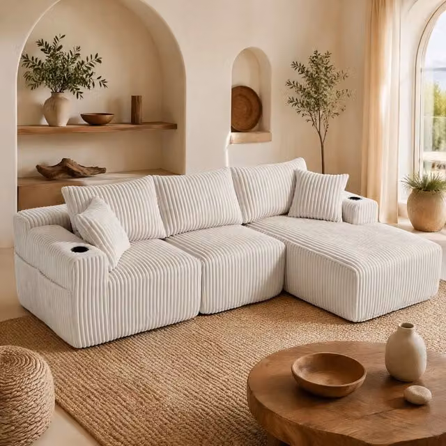 Divano modulare Mivray a L con chaise longue e modulo a 2 posti in tessuto a coste beige, reversibile, con 5 cuscini, tasche e portabicchieri, L 257 x P 162 x H 90 cm