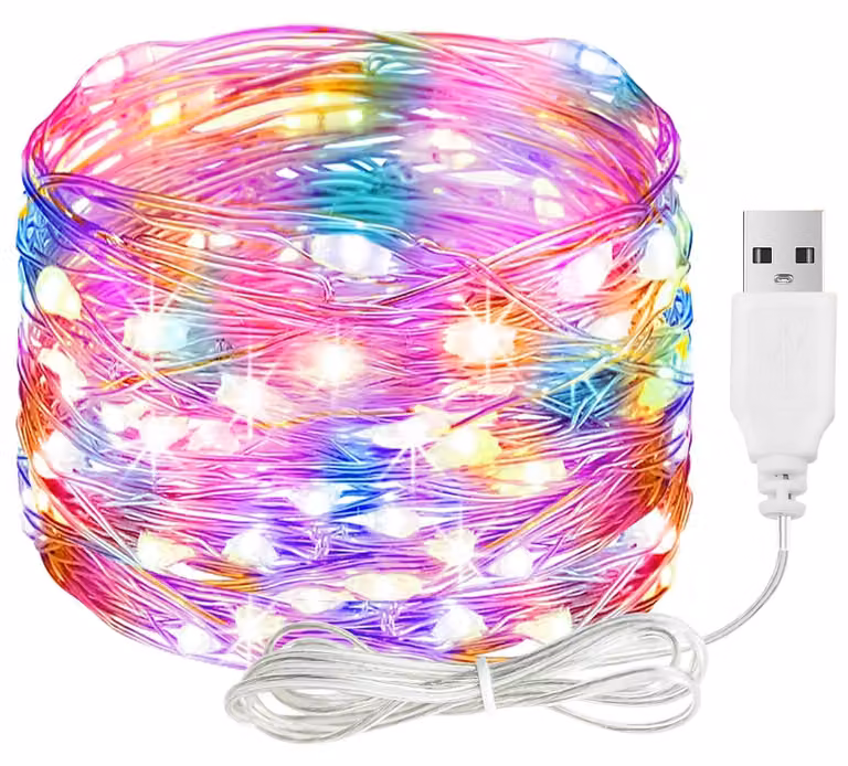 Catena luminosa a LED, alimentazione USB, 2 metri, 20 LED, multicolore, impermeabile, filo di rame