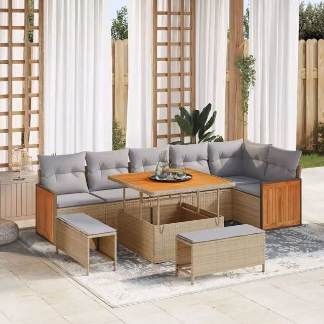 vidaXL Set Divano da Giardino Moderno a L in Polyrattan con 11 Pezzi, Beige e Grigio – 1