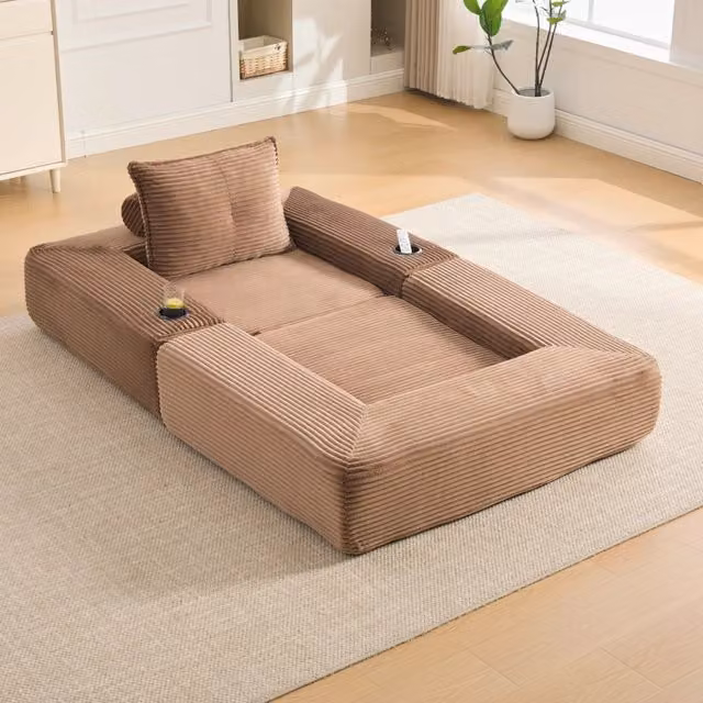 Divano letto modulare Mivray in velluto a coste marrone con funzione letto, portabevande e coperture rimovibili