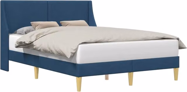 Letto da camera moderno con struttura imbottita e testiera in tessuto blu