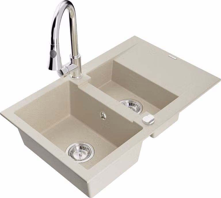 Mexen Gaspar lavello in granito 1,5 vasche con sgocciolatoio e miscelatore da cucina Elia, beige - 6507-69-670101-00