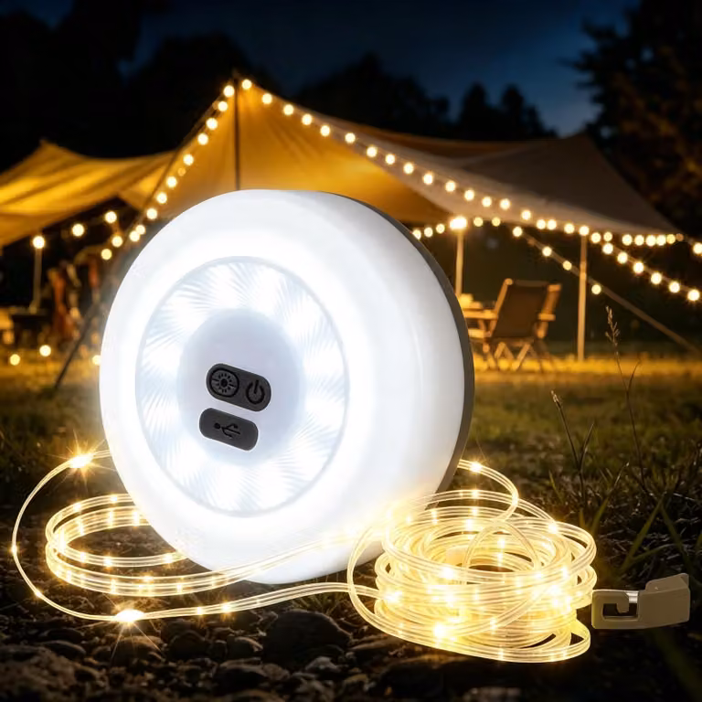 Catena luminosa da campeggio, 10 metri, alimentazione USB, 6 modalità, grado di protezione IP67, arrotolabile