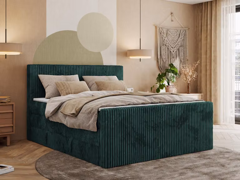 Letto boxspring con contenitore Tiliano King Duo 160x200cm Materasso a 7 zone H4 - Comfort foam, verde scuro - tessuto a coste