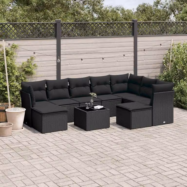 Set di divani da giardino vidaXL in polyrattan nero con cuscini e tavolino da esterno