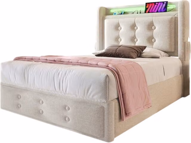 Letto singolo 90x200 imbottito beige con testiera LED; USB e vano contenitore