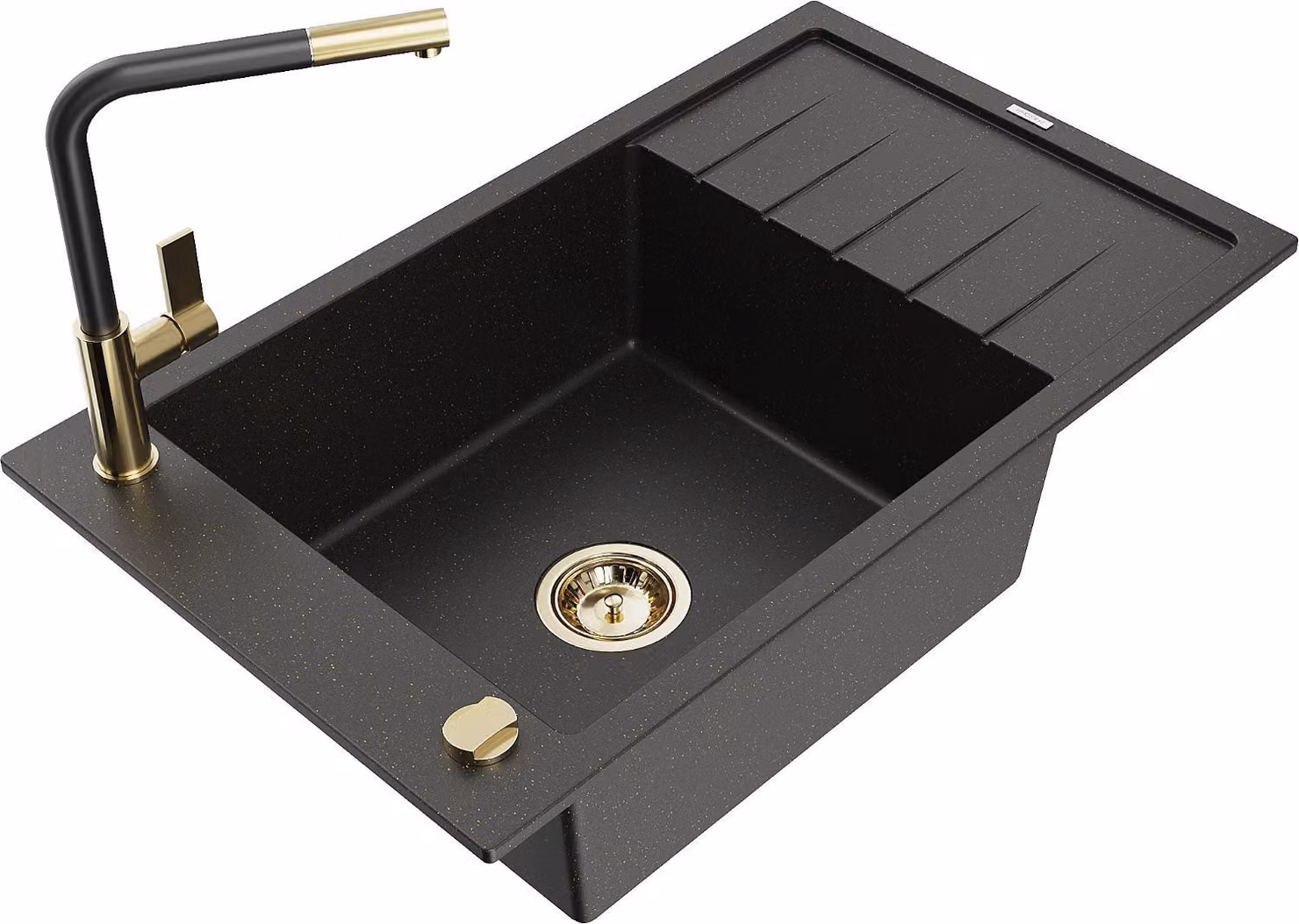 Mexen Elias lavello in granito a 1 vasca con scolapiatti e rubinetto da cucina Flora, nero/oro metallizzato