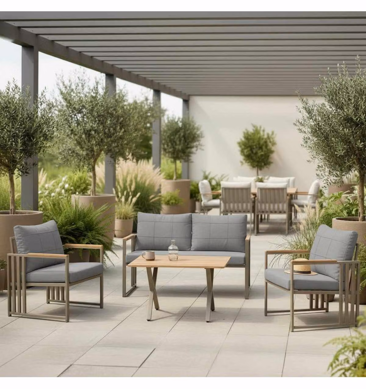 Skye Decor, set da lounge per giardino moderno, realizzato in metallo al 100%, colore grigio, composto da 3 pezzi | 123456