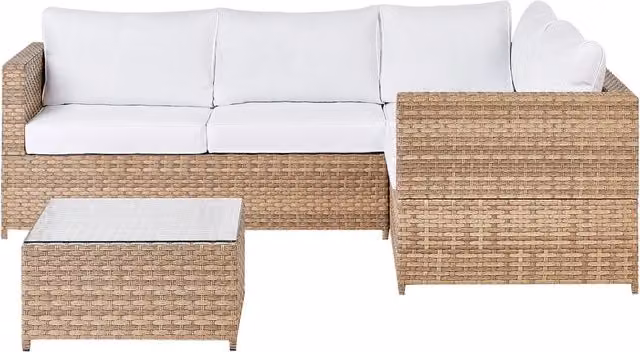 Set da giardino Beliani in polyrattan con divano angolare a L, tavolino in vetro e cuscini beige e bianchi per esterno