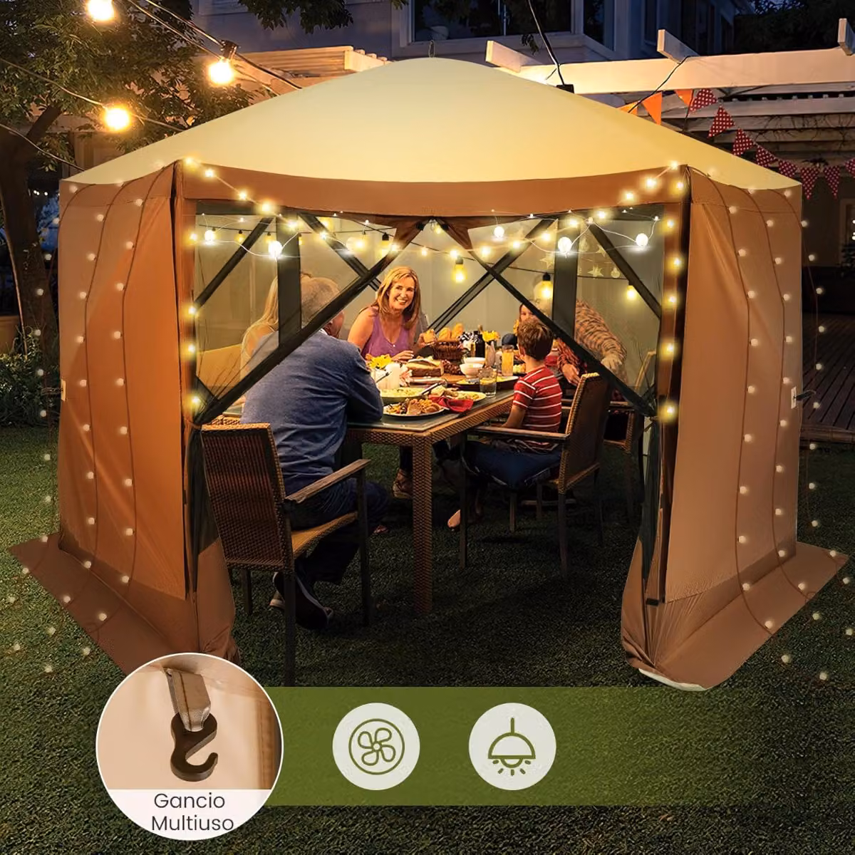 Tenda Gazebo da Esterno Costway per Campeggio con Pareti in Rete, Modello Hub a 6 Lati con Montaggio Istantaneo, Colore Caffè