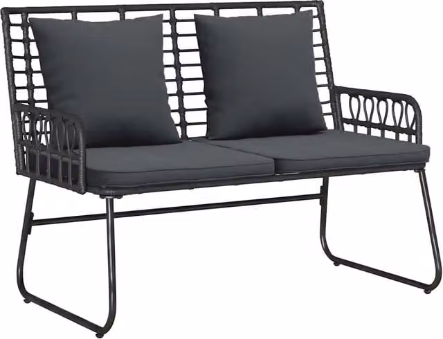 Panchina da giardino moderna in rattan e metallo con braccioli, colori nero e antracite, L: 110 cm, H: 83 cm, P: 69 cm