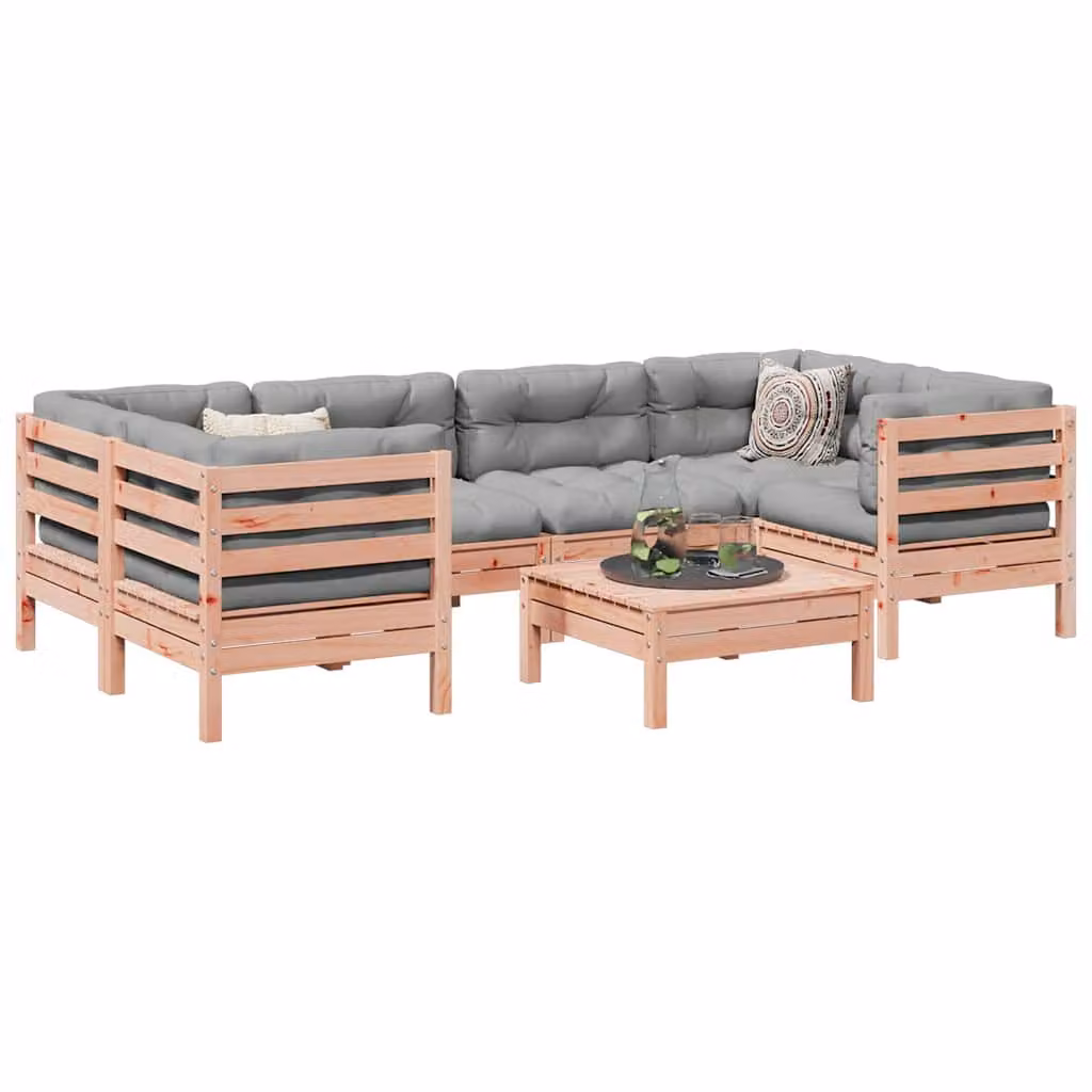 Set di divani da giardino vidaXL in legno massello di abete con 7 pezzi e cuscini grigi e marroni