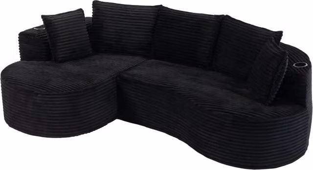 Divano curvo in corduroy con schiuma ad alta densità, portabicchieri e tasca laterale – 250x152x82 cm, colore soft beige