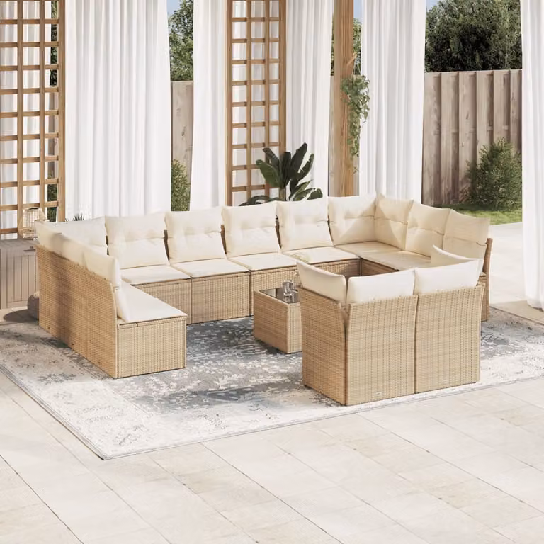 vidaXL Set Divano da Giardino 13 pz a forma di U con Cuscini Beige e Tavolino in Vetro