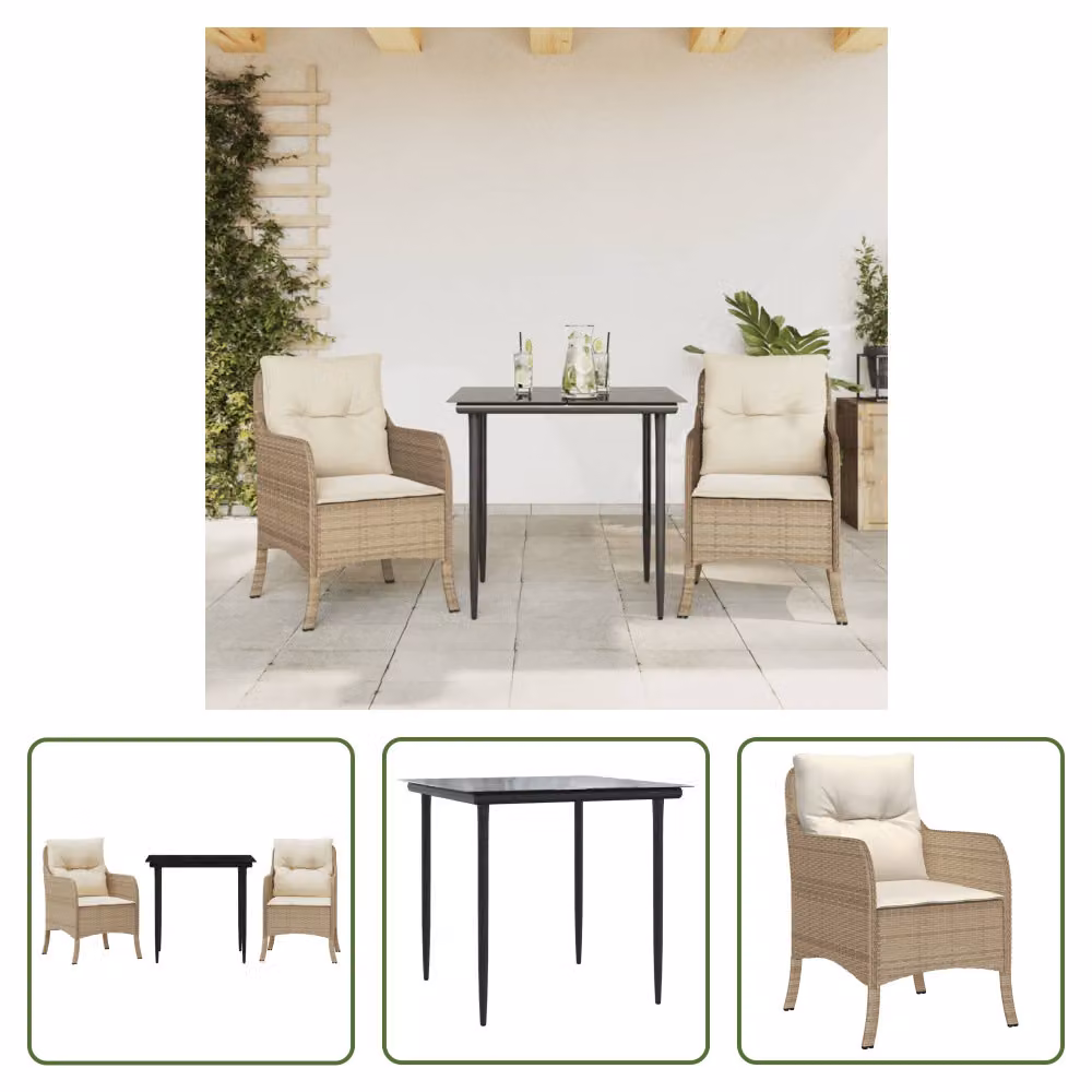 The Living Store Set da pranzo da giardino 3 pezzi con cuscini Beige poly rattan