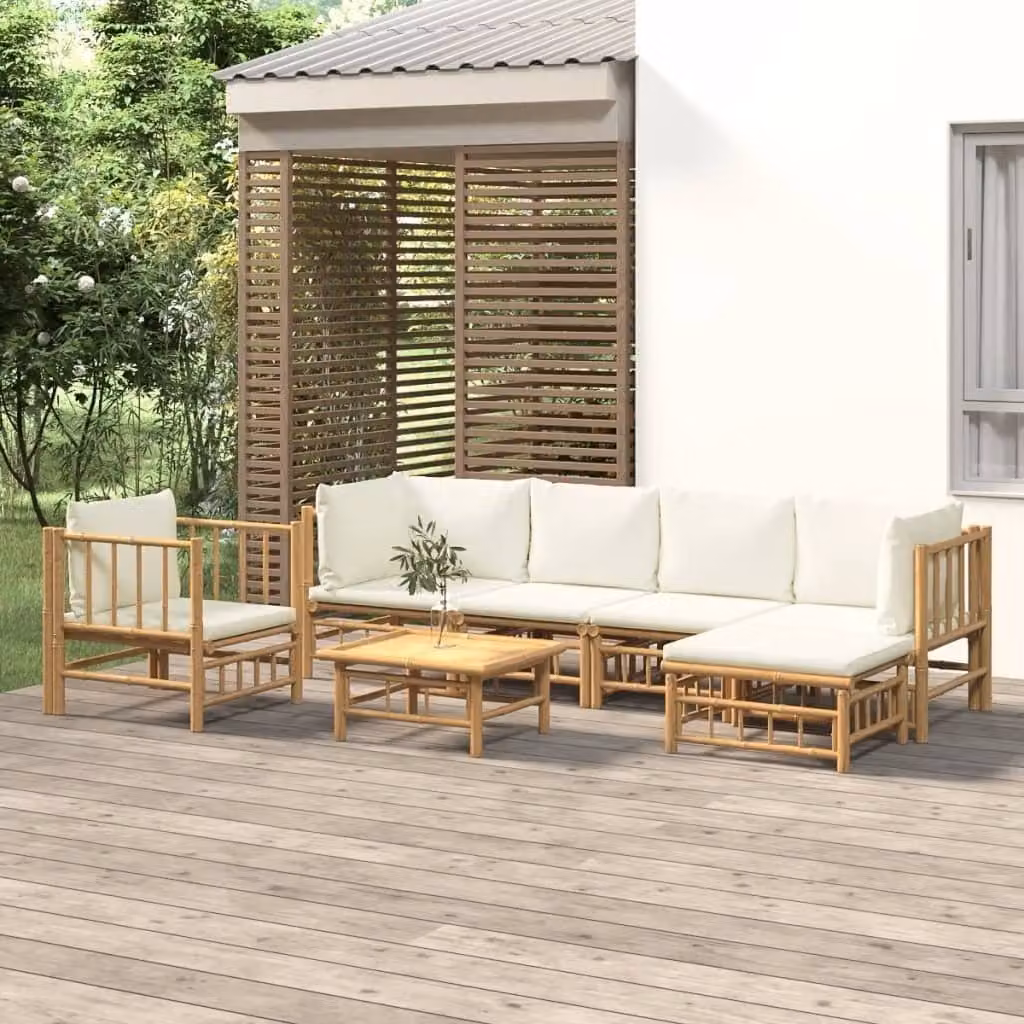 The Living Store Set da giardino da 7 pezzi con cuscini in bambù bianco crema
