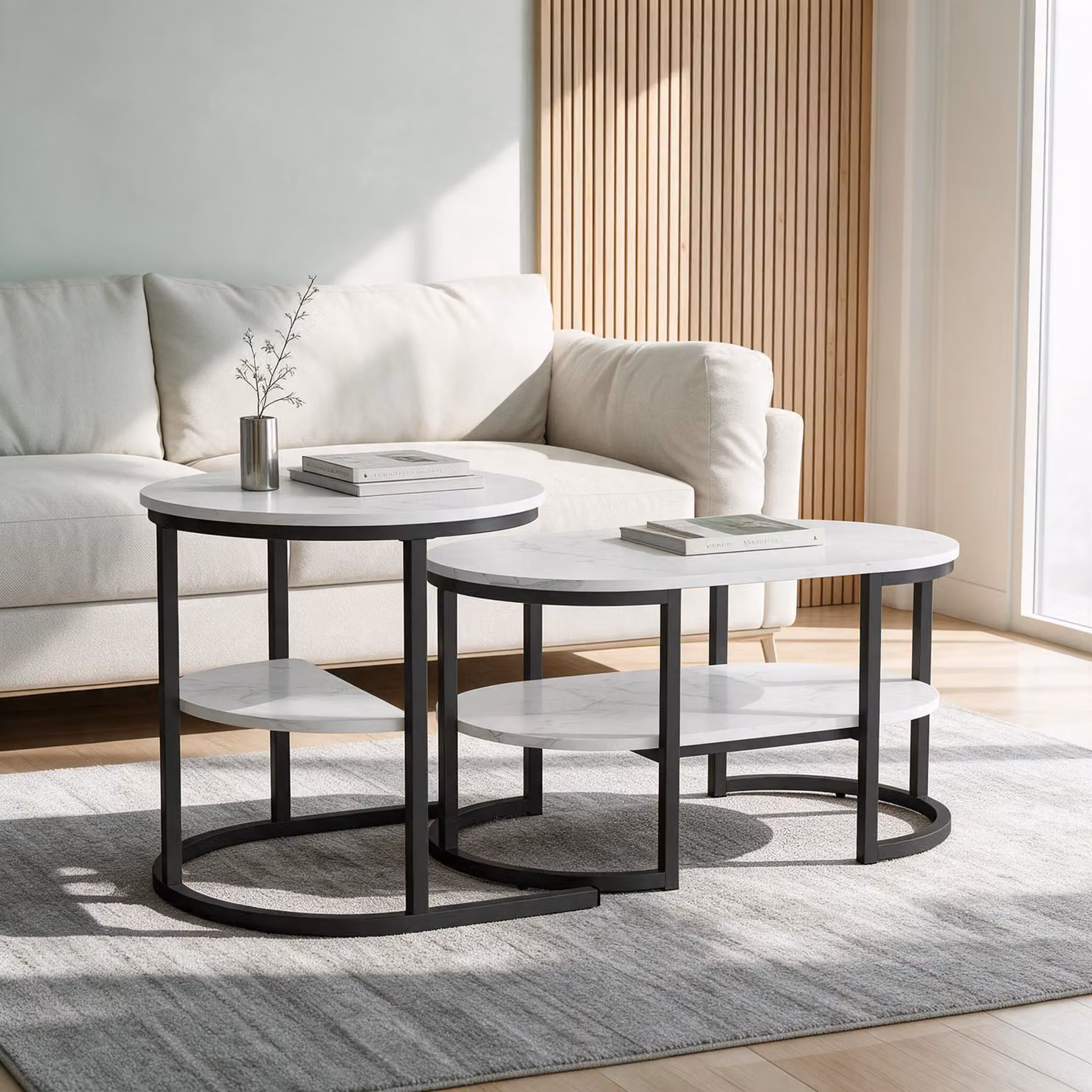 INONEFT, set da 2 tavolini, uno rotondo e uno rettangolare, tavolini da salotto con doppio spazio di stoccaggio, tavolini per divano adatti per soggiorno, camera da letto o balcone, colore nero