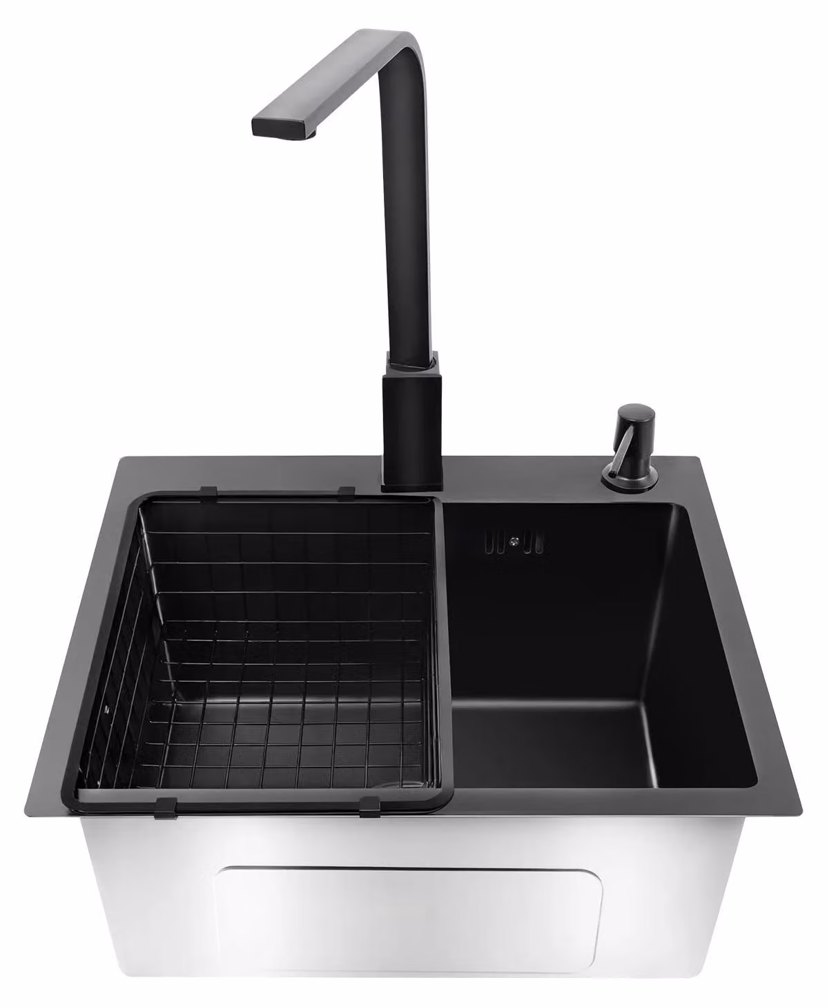Lavello da cucina o per la lavanderia - Lavello singolo con rubinetteria - Acciaio inossidabile 201 - Rettangolare - Lavello da appoggio - Miscelatore girevole a 360° - Nero