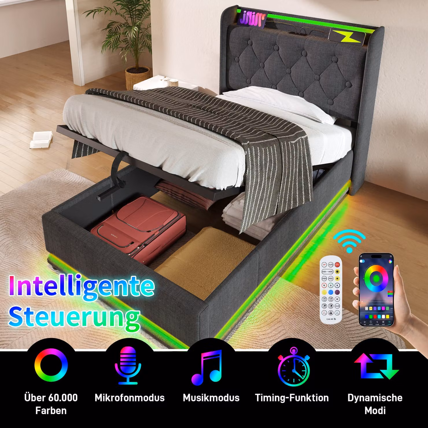 okwish letto imbottito boxspring 90 x 200 cm con testata con porta di ricarica USB e Type-C, letto idraulico con presa e illuminazione LED (senza materasso) - grigio lino