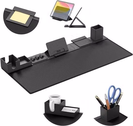Organizer da scrivania multifunzionale 6 in 1 nero con supporto per telefono e tablet e scomparti per penne e carte