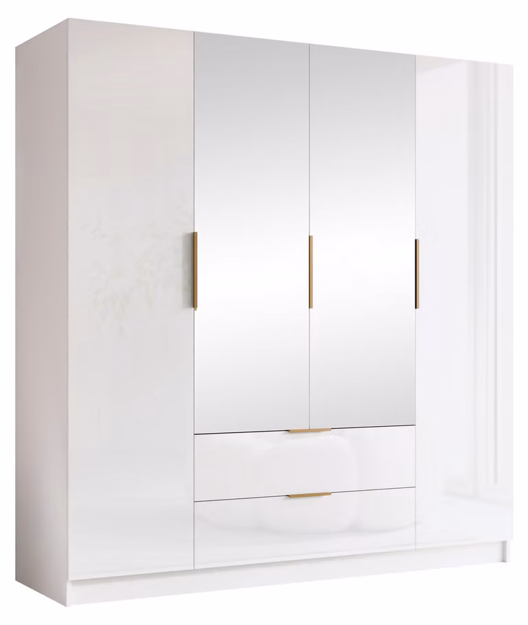MIRJAN24 Armadio Sofia II 200, camera da letto, con specchio, armadio a ante battenti, con asta appendiabiti, moderno, guardaroba, maniglie in metallo (colore: bianco / bianco lucido + oro)