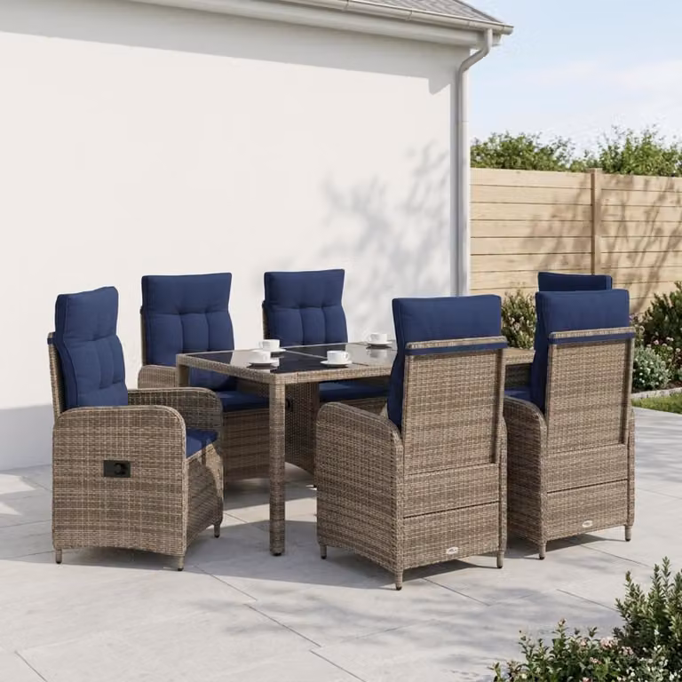 Set da pranzo per esterni vidaXL in polyrattan da 7 pezzi con tavolo in vetro, grigio e blu, L: 150 cm, P: 90 cm, H: 75 cm