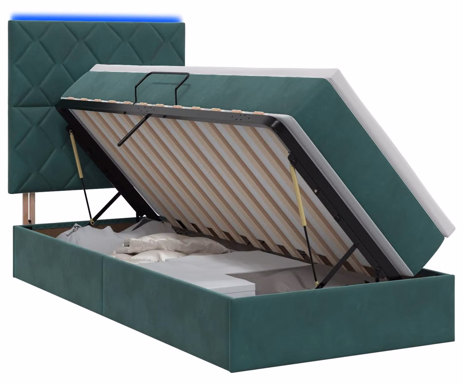 Letto imbottito con tecnologia LED e materasso, colore verde scuro, dimensioni 100 x 200 cm, rivestito in velluto