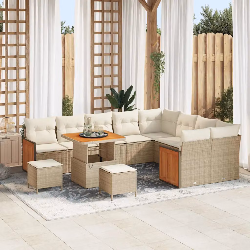 Set Divano da Giardino vidaXL a Forma di L in Polyrattan con 13 Pezzi, Colore Beige, Include Tavolino, Ottoman e Cuscini – 1