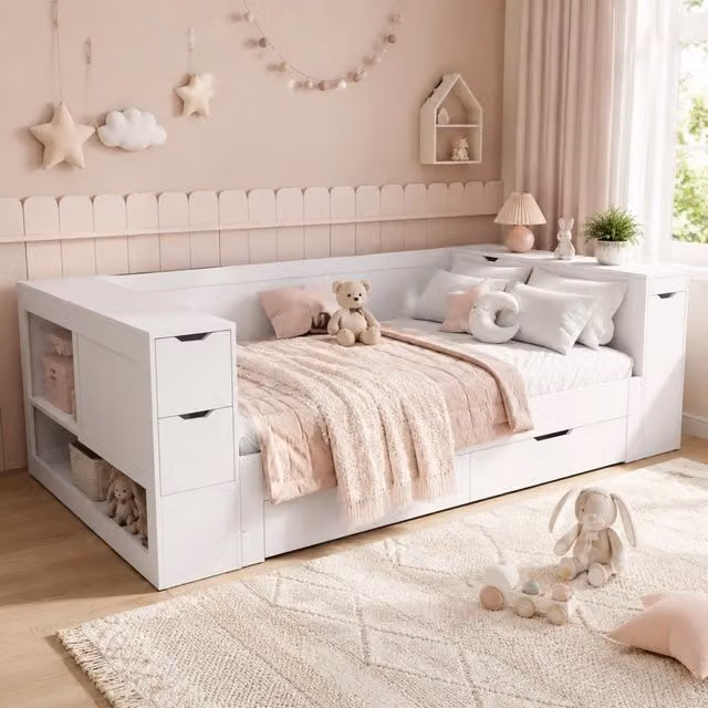 Letto per bambini 264.0x95.0x60.0 cm; divano letto con cassetti e comodino in MDF bianco