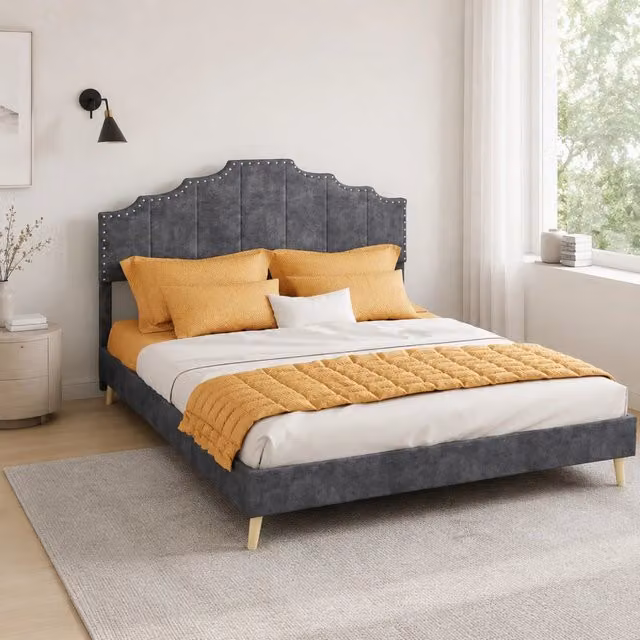 Letto Mivray con rete a doghe fisse e testiera imbottita geometrica in tessuto grigio L/P: 140 x 200 cm