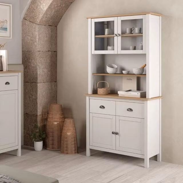 Credenza alta con vetrina Misti in legno massiccio bianco e rovere – 4 ante, 2 cassetti 90x40x180H