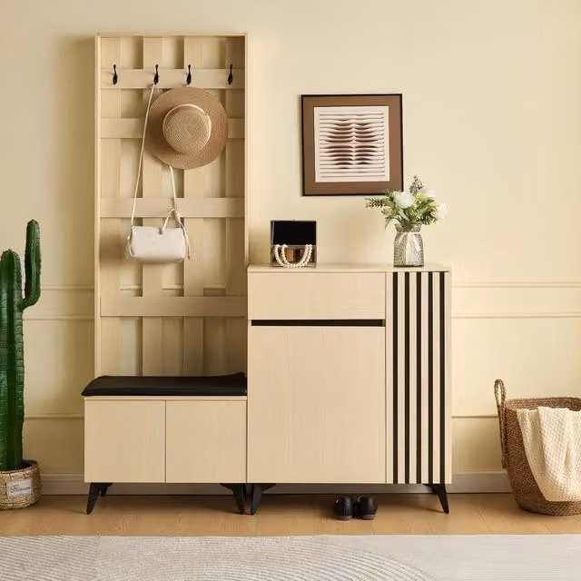 Set mobile ingresso moderno WISHDOR con panca contenitore e credenza portascarpe in MDF, colore marrone, nero o beige