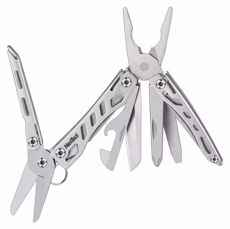 Strumento multifunzione 10-in-1, color argento, con pinza, forbici, cacciavite e apriscatole