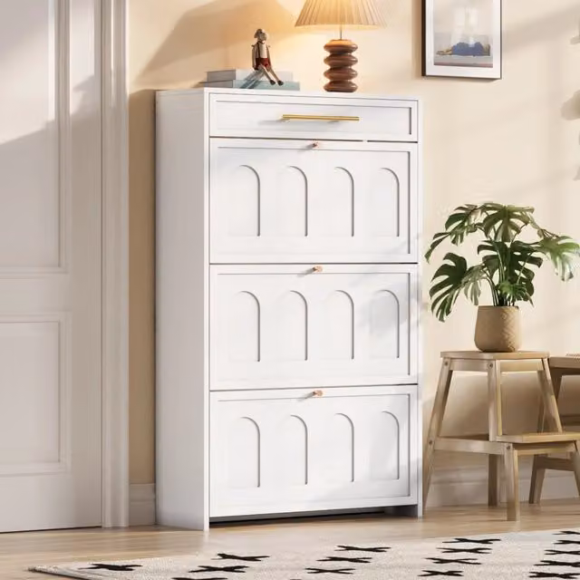 Scarpiera Mivray in MDF bianco con cassetto e design minimalista per ingresso o ufficio L: 70 cm, P: 25 cm, H: 123.5 cm