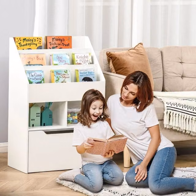 Libreria per bambini WISHDOR bianca con 3 ripiani, 2 vani aperti e cassetto, L: 60 cm, P: 29,9 cm, H: 90 cm