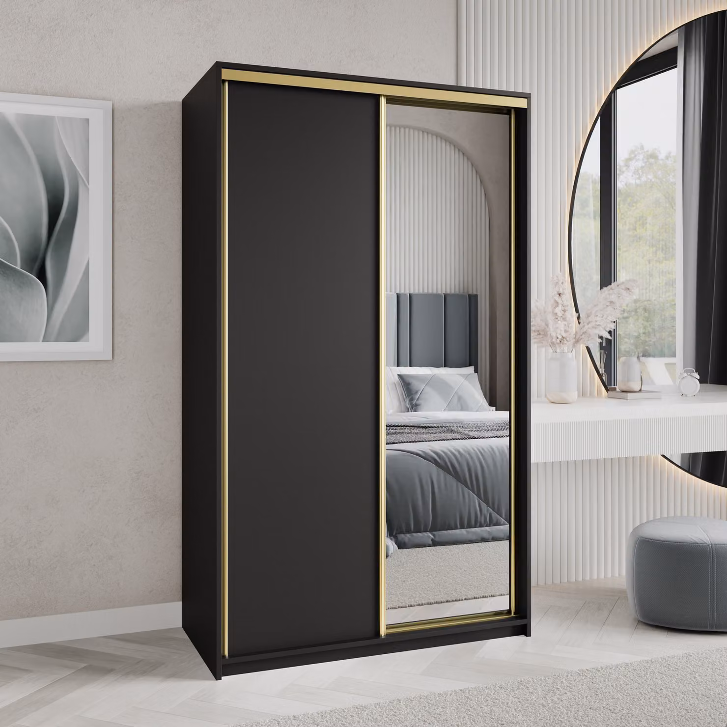 Armadio scorrevole Masseno TAVI 120/205/60 cm Armadio con cassetti Armadio per camera da letto a 2 ante con specchio Nero + Oro